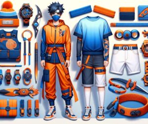 A stylish and colorful display of anime-inspired clothing and accessories. The first image shows a bright orange and blue jumpsuit with a matching hea