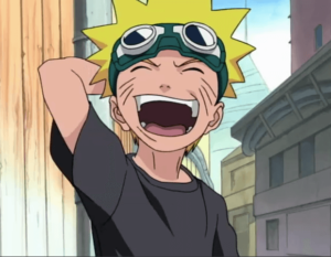 Naruto with a black shirt smiling